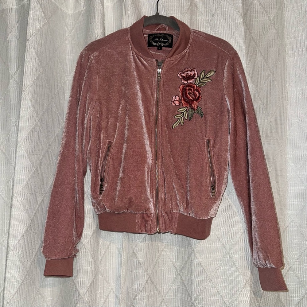 Ambiance Pink Velvet Bomber Jacket with Floral Embroidery